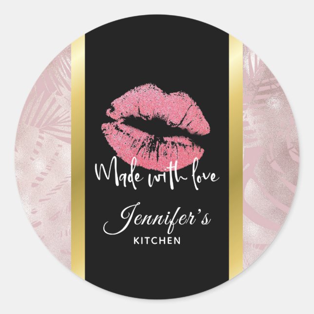 Rosa Glitzer Lips & Rose Gold Blätter Küche Runder Aufkleber (Vorderseite)
