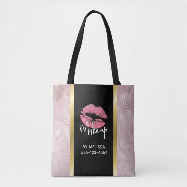 Rosa Glitzer Lips & Rose Gold Blätter Makeup Biz Tasche (Vorderseite)