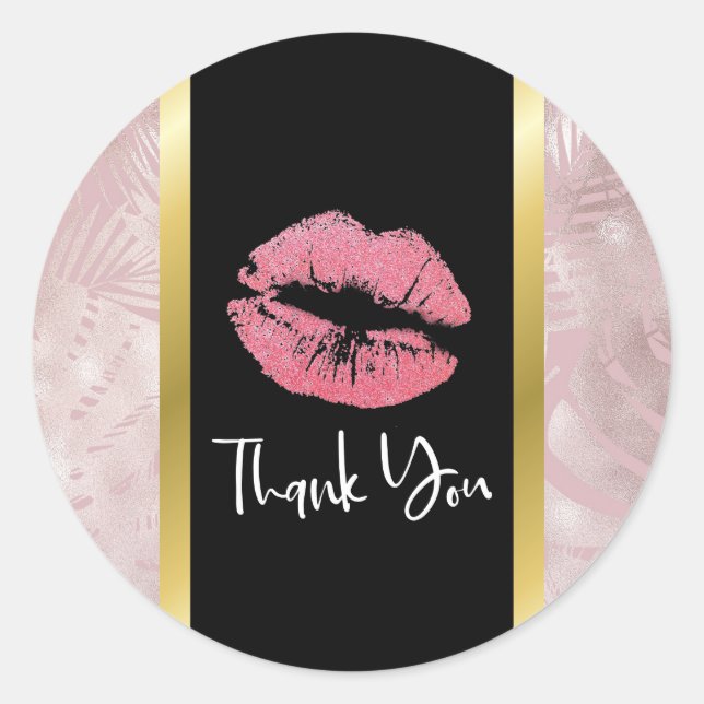 Rosa Glitzer Lips & Rose Gold Blätter Vielen Dank Runder Aufkleber (Vorderseite)
