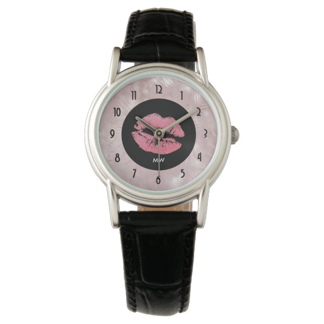 Rosa Glitzer Lips & Rose Gold Tropische Blätter Armbanduhr (Vorderseite)