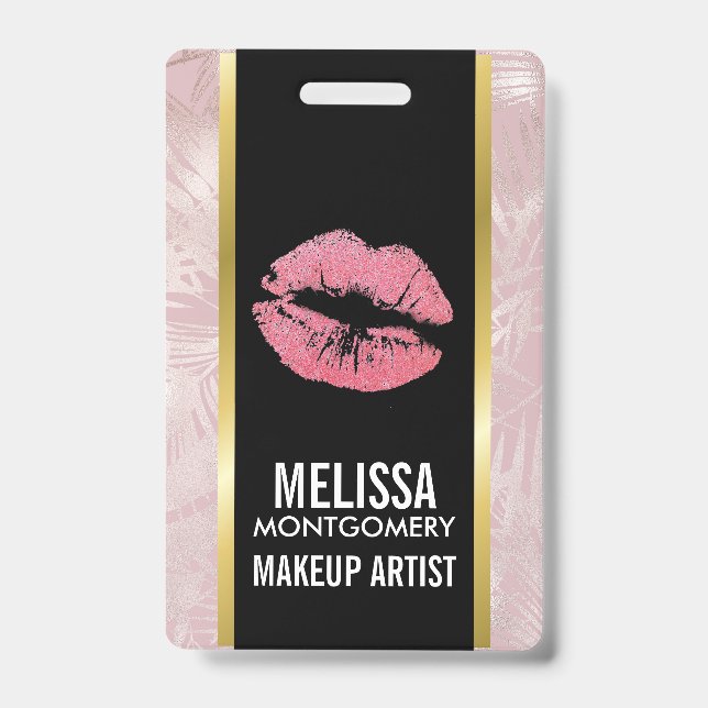 Rosa Glitzer Lips & Rose Gold Tropische Blätter Ausweis (Front)
