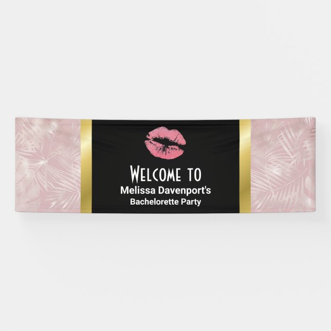 Rosa Glitzer Lips & Rose Gold Tropische Blätter Banner (Horizontal)
