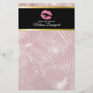 Rosa Glitzer Lips & Rose Gold Tropische Blätter Briefpapier
