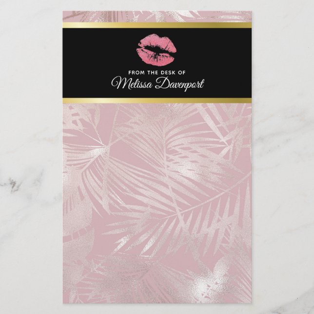 Rosa Glitzer Lips & Rose Gold Tropische Blätter Briefpapier (Vorderseite)