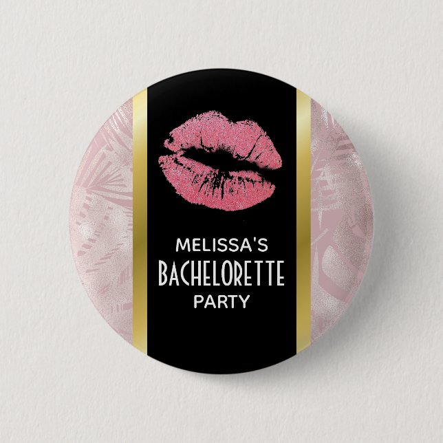 Rosa Glitzer Lips & Rose Gold Tropische Blätter Button (Vorderseite)