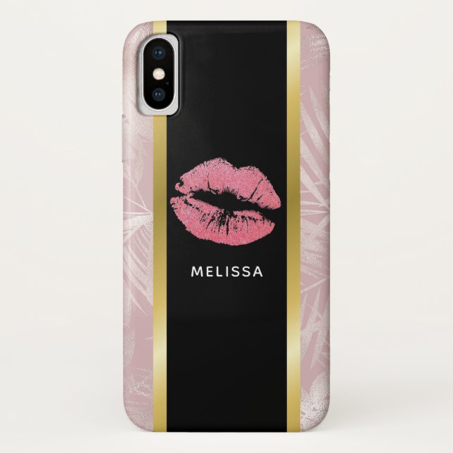 Rosa Glitzer Lips & Rose Gold Tropische Blätter Case-Mate iPhone Hülle (Rückseite)