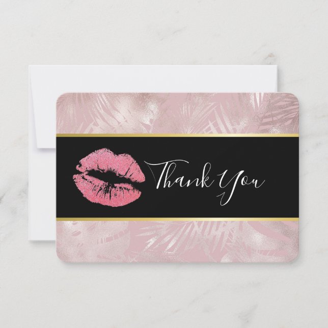 Rosa Glitzer Lips & Rose Gold Tropische Blätter Dankeskarte (Vorderseite)