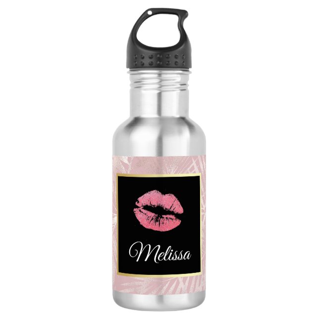 Rosa Glitzer Lips & Rose Gold Tropische Blätter Edelstahlflasche (Vorderseite)