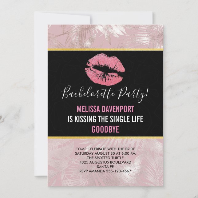 Rosa Glitzer Lips & Rose Gold Tropische Blätter Einladung (Vorderseite)