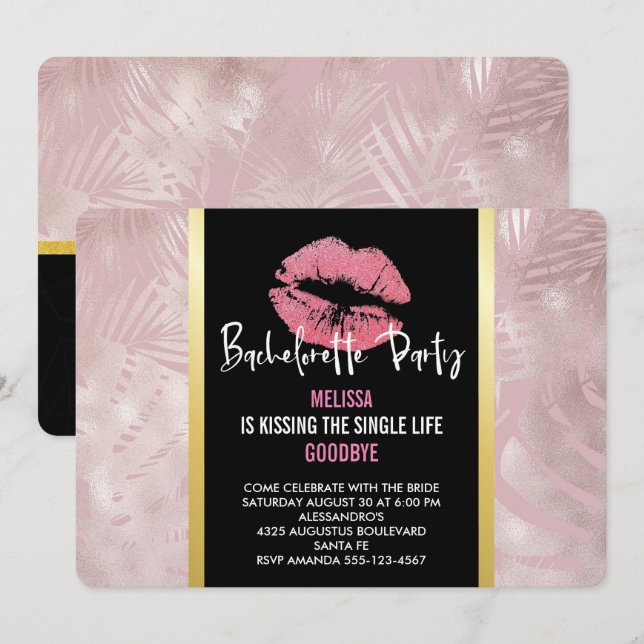 Rosa Glitzer Lips & Rose Gold Tropische Blätter Einladung (Vorne/Hinten)
