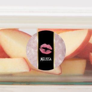 Rosa Glitzer Lips & Rose Gold Tropische Blätter Etiketten