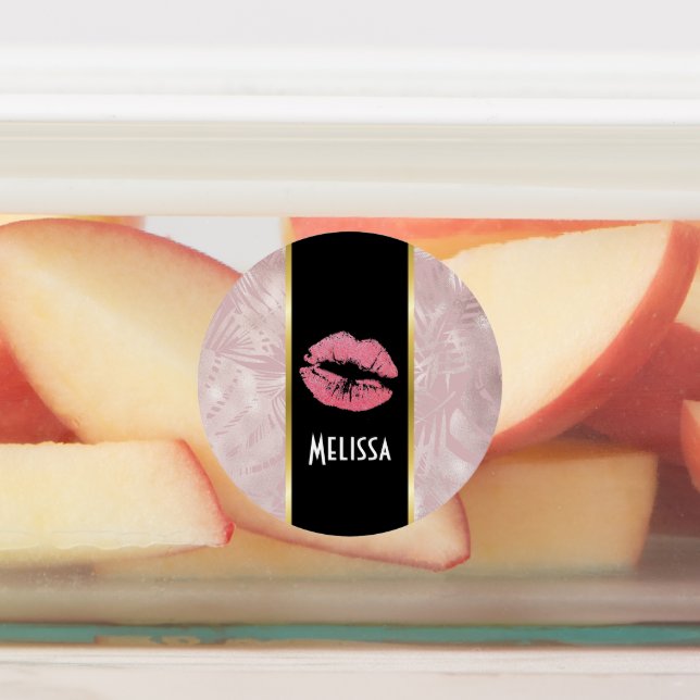 Rosa Glitzer Lips & Rose Gold Tropische Blätter Etiketten (Befestigt)