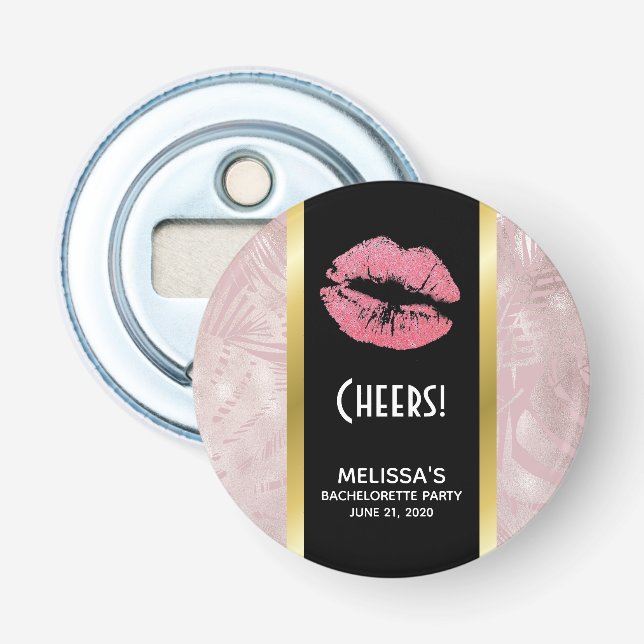 Rosa Glitzer Lips & Rose Gold Tropische Blätter Flaschenöffner (Vorderseite)
