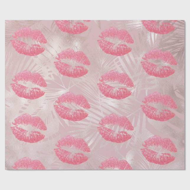 Rosa Glitzer Lips & Rose Gold Tropische Blätter Geschenkpapier (Flach)