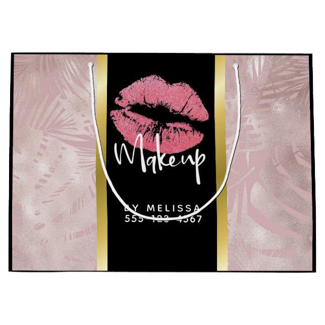 Rosa Glitzer Lips & Rose Gold Tropische Blätter Große Geschenktüte (Vorderseite)