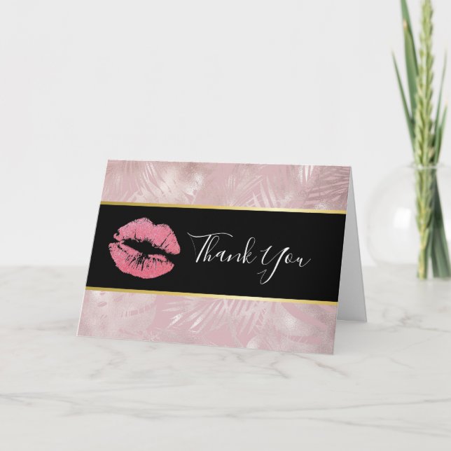 Rosa Glitzer Lips & Rose Gold Tropische Blätter Karte (Vorderseite)