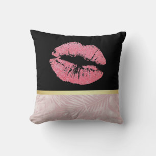 Rosa Glitzer Lips & Rose Gold Tropische Blätter Kissen