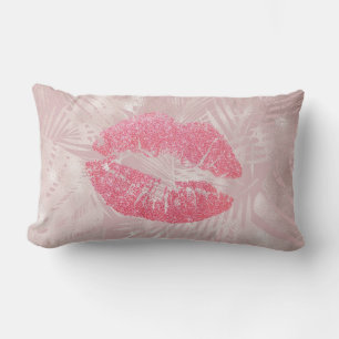 Rosa Glitzer Lips & Rose Gold Tropische Blätter Lendenkissen