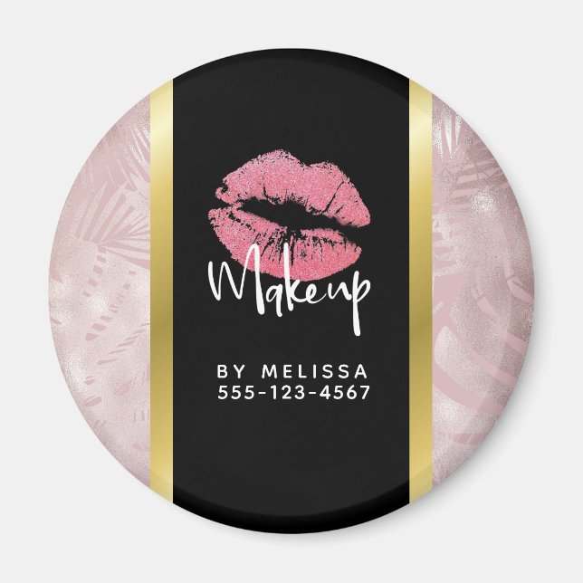 Rosa Glitzer Lips & Rose Gold Tropische Blätter Magnet (Vorne)