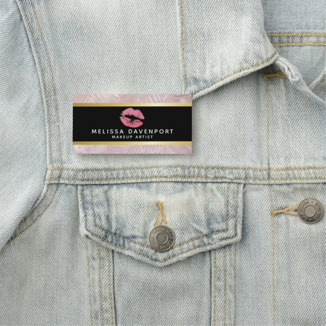 Rosa Glitzer Lips & Rose Gold Tropische Blätter Namensschild (Beispiel)