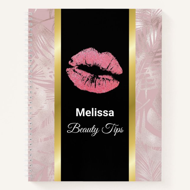 Rosa Glitzer Lips & Rose Gold Tropische Blätter Notizbuch (Vorderseite)