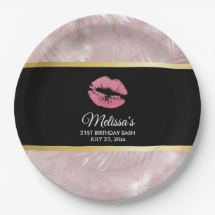 Rosa Glitzer Lips & Rose Gold Tropische Blätter Pappteller