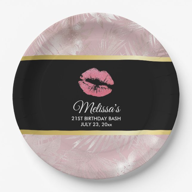 Rosa Glitzer Lips & Rose Gold Tropische Blätter Pappteller (Vorderseite)