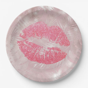 Rosa Glitzer Lips & Rose Gold Tropische Blätter Pappteller