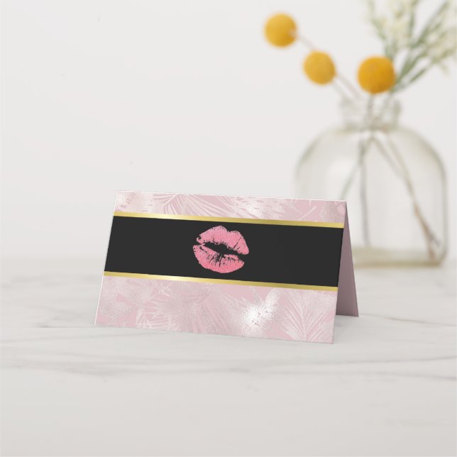 Rosa Glitzer Lips & Rose Gold Tropische Blätter Platzkarte (Vorderseite)