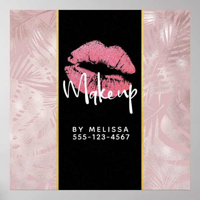 Rosa Glitzer Lips & Rose Gold Tropische Blätter Poster (Vorne)