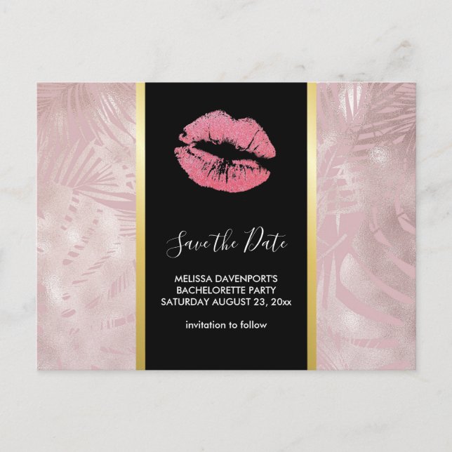 Rosa Glitzer Lips & Rose Gold Tropische Blätter Postkarte (Vorderseite)