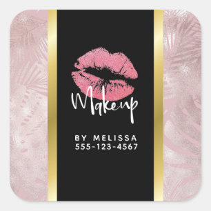 Rosa Glitzer Lips & Rose Gold Tropische Blätter Quadratischer Aufkleber