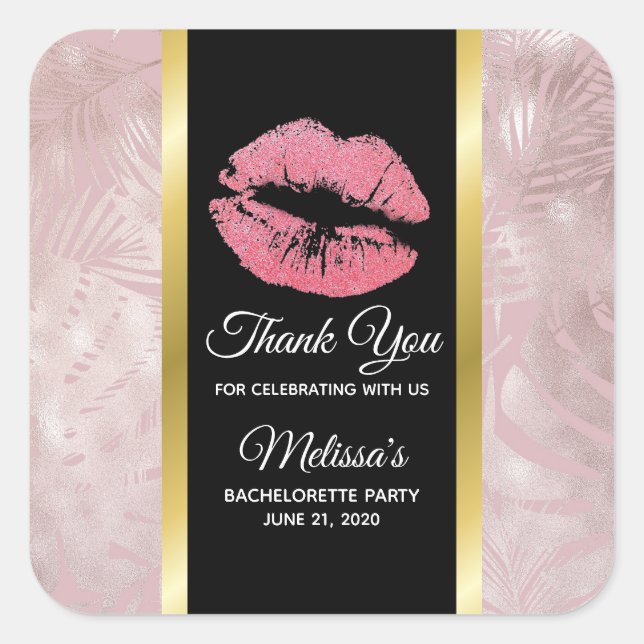 Rosa Glitzer Lips & Rose Gold Tropische Blätter Quadratischer Aufkleber (Vorderseite)