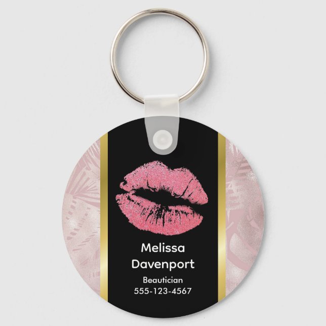 Rosa Glitzer Lips & Rose Gold Tropische Blätter Schlüsselanhänger (Vorderseite)