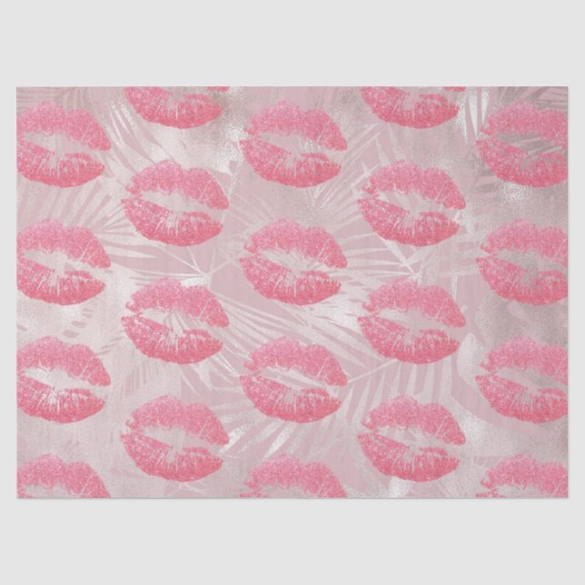 Rosa Glitzer Lips & Rose Gold Tropische Blätter Seidenpapier (Vorderseite)