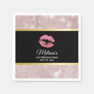 Rosa Glitzer Lips & Rose Gold Tropische Blätter Serviette