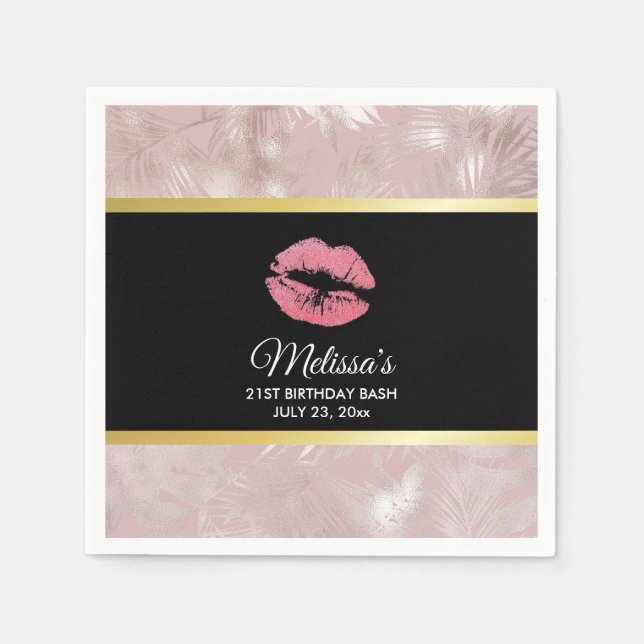 Rosa Glitzer Lips & Rose Gold Tropische Blätter Serviette (Vorderseite)