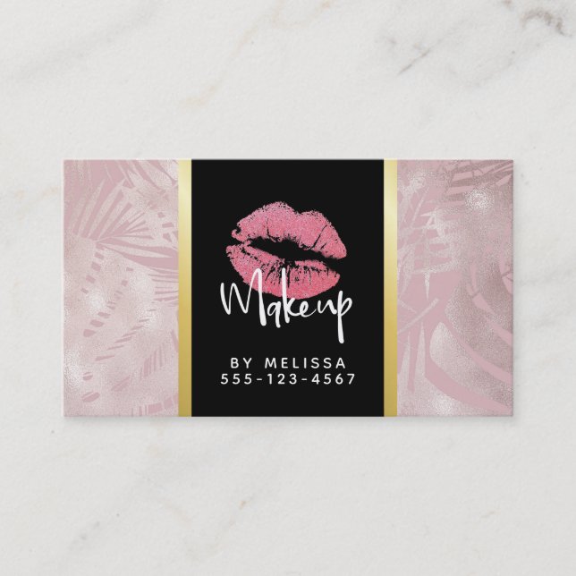 Rosa Glitzer Lips & Rose Gold Tropische Blätter Visitenkarte (Vorderseite)