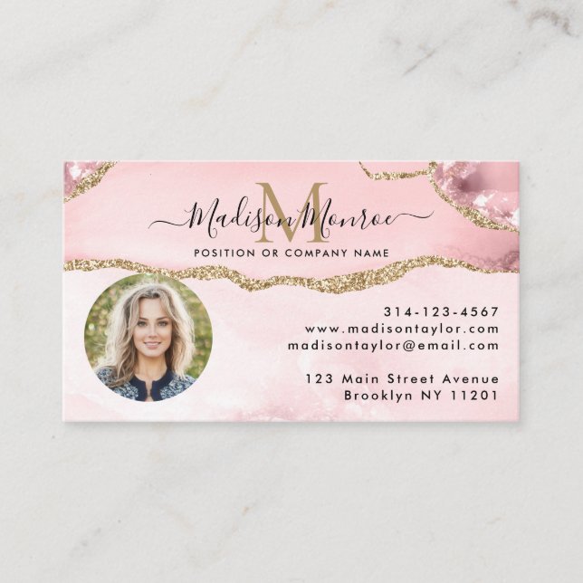 Rosa-Glitzer-Logo-Foto Agate Monogram Visitenkarte (Vorderseite)