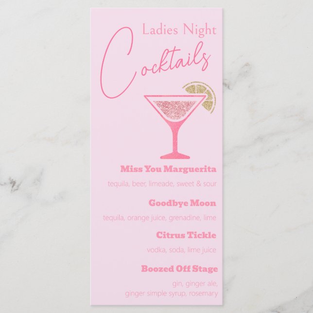 Rosa Glitzer Martini Ladys Night Cocktail Party Menükarte (Vorderseite)