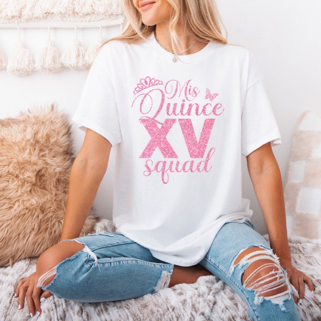 Rosa Glitzer Mis Quince XV Squad Quinceanera Party T-Shirt (Pink Glitter Mis Quince XV Squad Quinceanera Party T-Shirt)