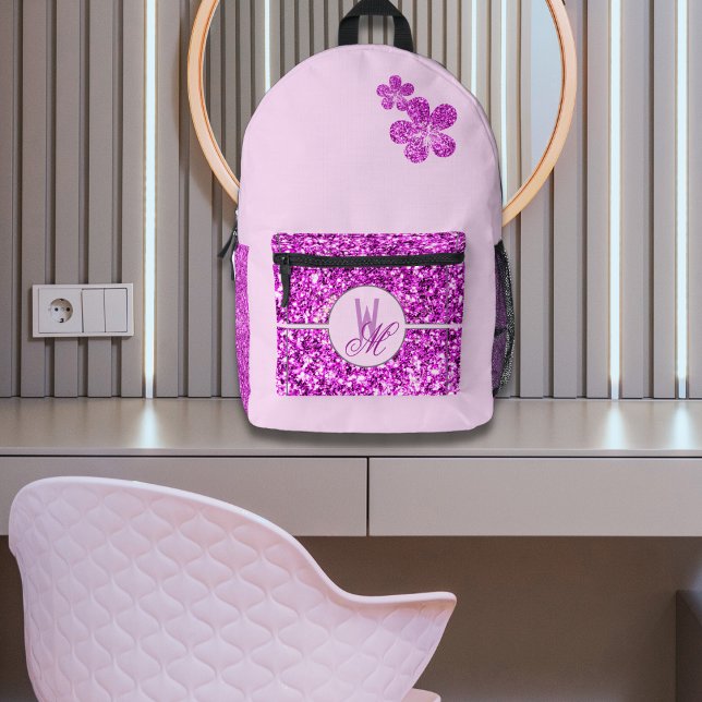 Rosa Glitzer Mit Monogramm mit Blume Bedruckter Rucksack (Von Creator hochgeladen)