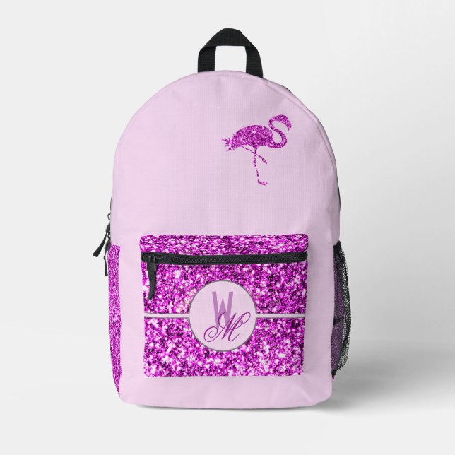 Rosa Glitzer Mit Monogramm Rucksack mit Flamingo (Vorderseite)