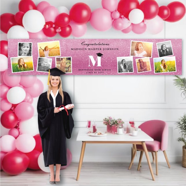 Rosa Glitzer Monogram 10 Foto Graduation Party Banner (Pink Glitter Name Monogram Stylish 10 Photo Graduation Party Banner @ www.zazzle.com/color_therapy)