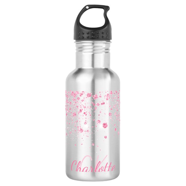 Rosa Glitzer Monogramm Edelstahlflasche (Vorderseite)
