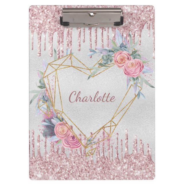 Rosa Glitzer Monogramm Klemmbrett (Vorderseite)