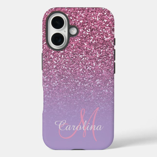 Rosa Glitzer, Name und Monogramm, Mädchen iPhone 16 Hülle (Rückseite)