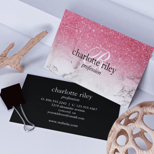 Rosa Glitzer Ombre Monogram Marmorsalon Makeup Visitenkarte (Von Creator hochgeladen)