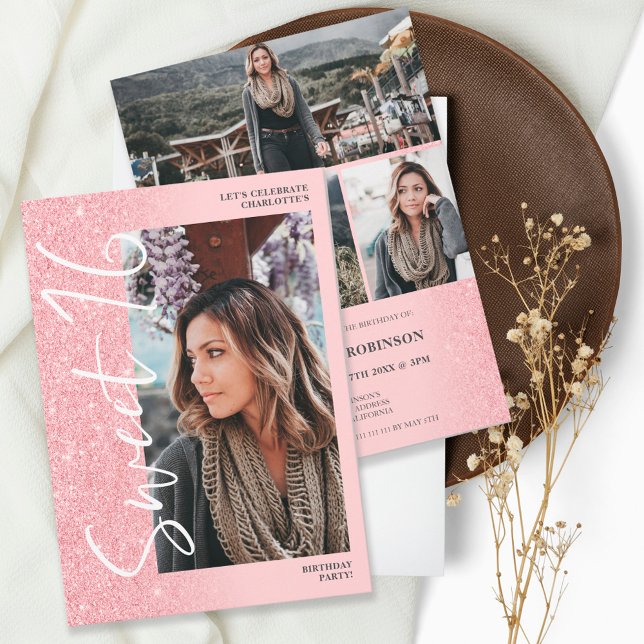 Rosa Glitzer ombre Skript 4 Foto Sweet 16 Einladung (Von Creator hochgeladen)