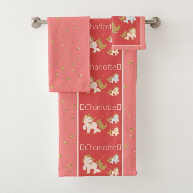 Rosa Glitzer Ponies mit dem Namen Little Girl Bad Badhandtuch Set (Insitu)